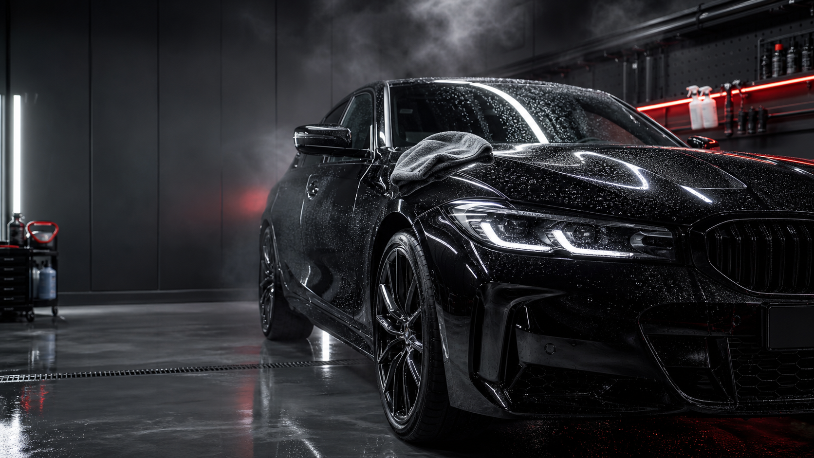 Czarne auto w profesjonalnym studiu detailingu
